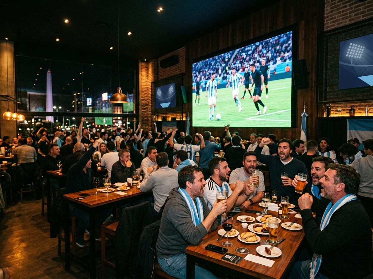 Adult sports fans watching a match together inside a modern Buenos Aires viewing venue