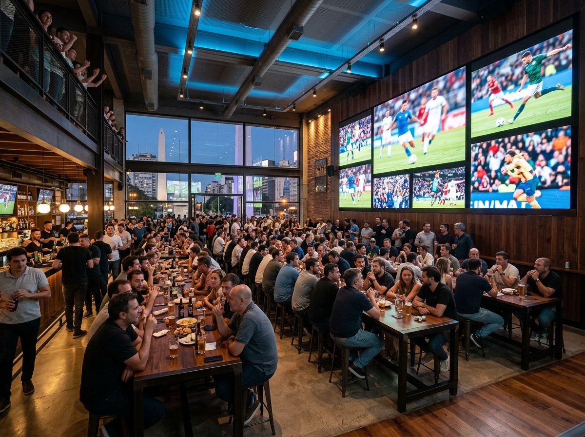Main viewing room with multiple large displays and communal tables